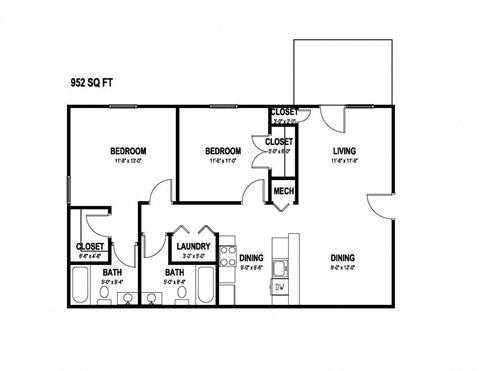 Floor plan for 2 beds, 2 baths, 952 sqft